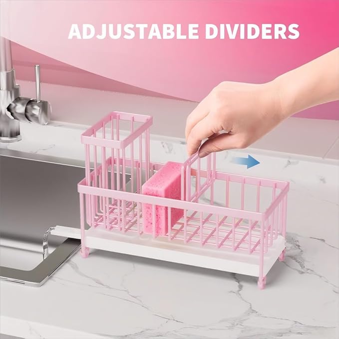 Cisily Pink Sponge Holder for Kitchen Sink, Sink Caddy Organizer with High Brush Holder, Countertop Organizers and Storage Essentials, Rustproof 304 Stainless Steel, Pink kitchen Accessories and Decor