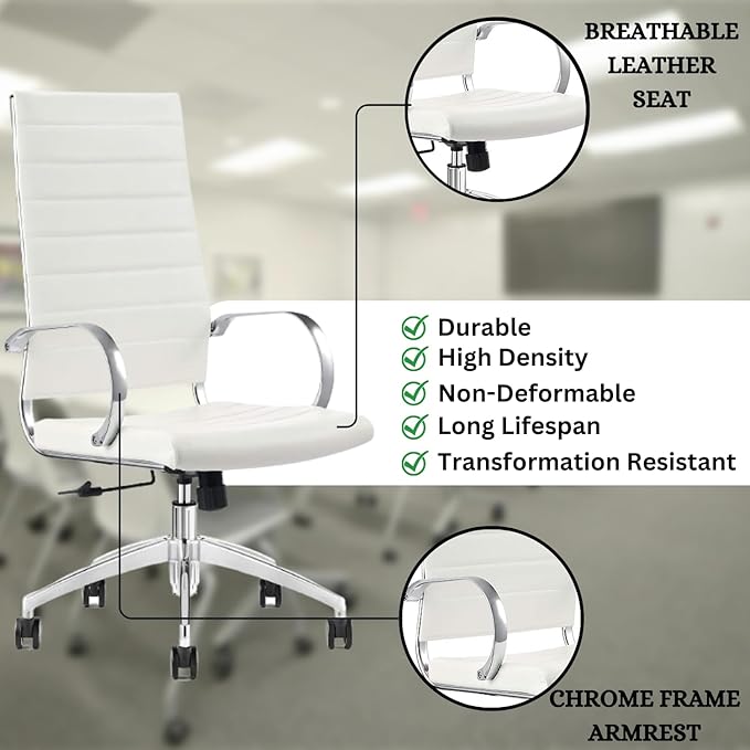 Ribbed High Back Conference Room Chairs - Lumbar Support, Modern Style Executive Home Office Chair - 360 Swivel Rolling Wheels - Aluminum Chrome Frame & Base- White Office Chair (Pack of 1)