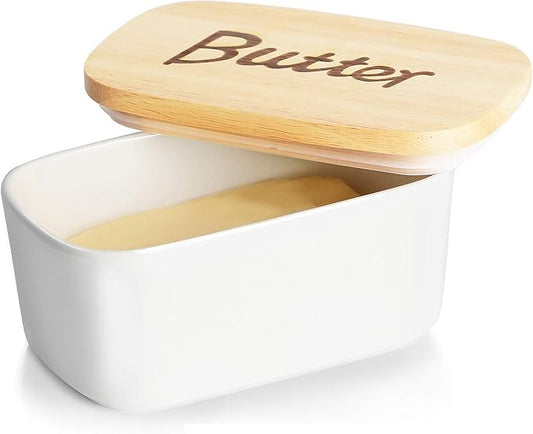 GDCZ Ceramics Butter Dish with Wooden Lid- Large Covered Butter Holder for Countertop, Butter Keeper Container Perfect for Holds 2X 4oz West/East Coast Butter, White
