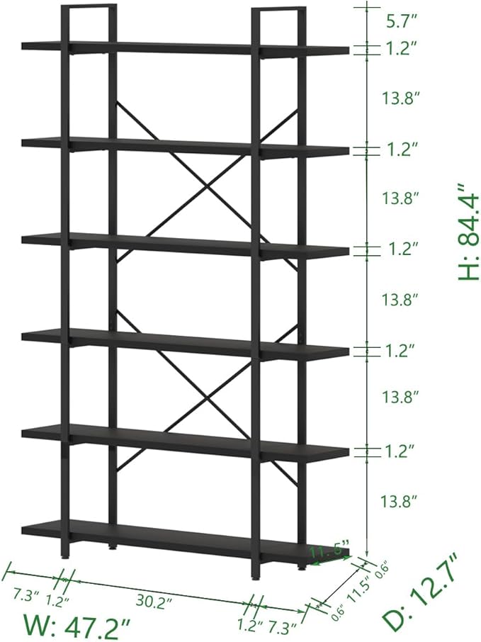 HSH 6 Tier Tall Black Bookshelf, Modern Large Storage Book Shelves & Display Book Shelf,Industrial Open Vertical Metal and Wood Black Bookcases 6 Shelf for Bedroom Living Room Office, Black Oak