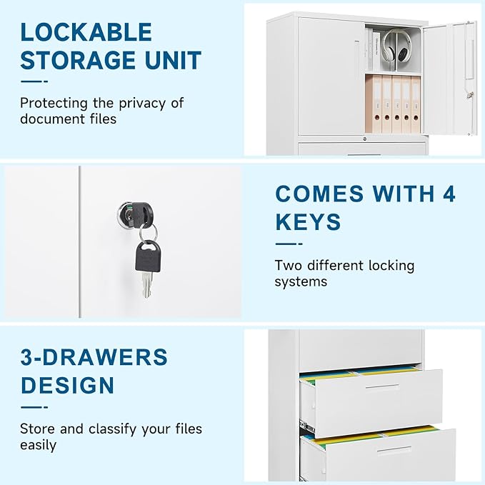 3-Drawer Metal File Cabinet, Lateral Vertical Filing Cabinets for Home Office, Locking Cabinet with Storage Shelves, Legal/Letter/A4 Size Office File Cabinet,(White, Assemble Required)