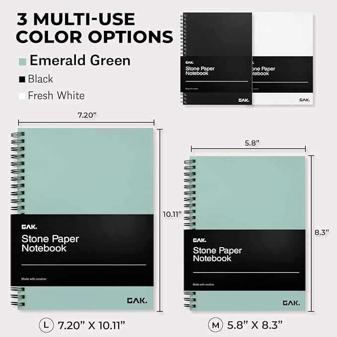GAK. Stone Paper Waterproof Spiral Notebook, 7.20”x10.11”, 50 sheets, Durable Notebook, Eco-Friendly Mineral Stone Paper Notebook, Waterproof Notepad, Ruled, Green