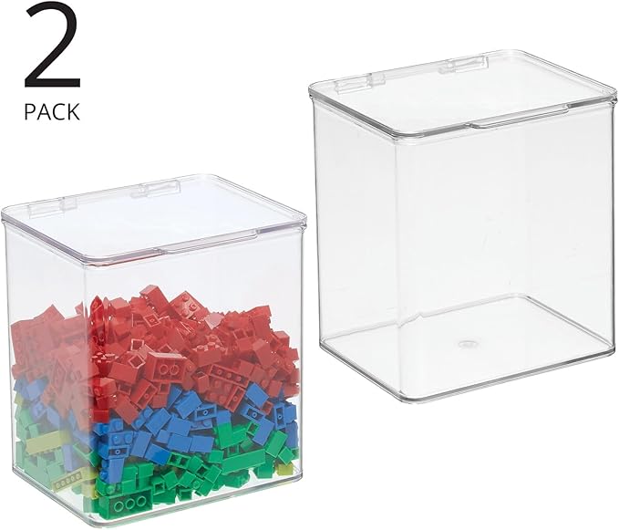 mDesign Kids Plastic Stackable Toy Storage Organizer Box Container with Hinged Lid for Storing Action Figures, Crayons, Building Blocks, Puzzles, Wood Construction Sets, Cars, 2 Pack - Clear