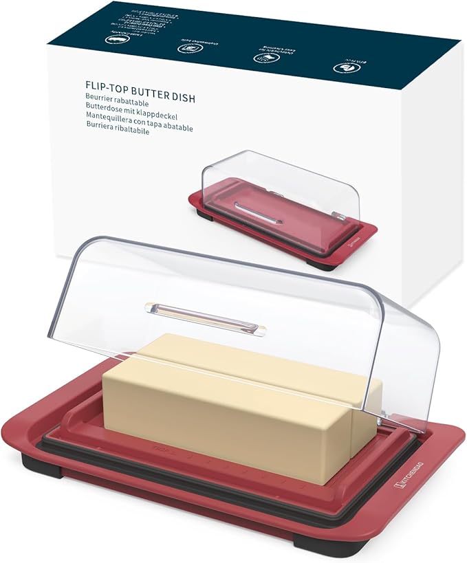 KITCHENDAO Airtight Flip-Top Butter Dish with Lid for Countertop and Refrigerator, Butter Keeper, Plastic Butter Holder Tray for 2 Sticks East Coast/West Coast/European Style/ Kerrygold Butter (Red)