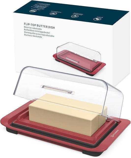 KITCHENDAO Airtight Flip-Top Butter Dish with Lid for Countertop and Refrigerator, Butter Keeper, Plastic Butter Holder Tray for 2 Sticks East Coast/West Coast/European Style/ Kerrygold Butter (Red)