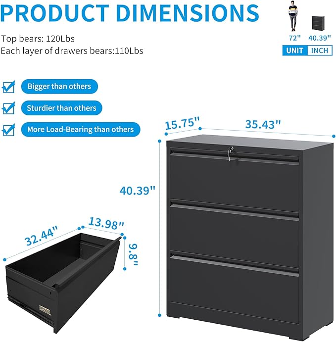 3 Drawer Lateral File Cabinet with Lock, Metal Lateral Filing Cabinet for Home Office, Steel Wide Horizontal Filing Cabinets for Letter/Legal/A4/F4 Hanging Files (Black)