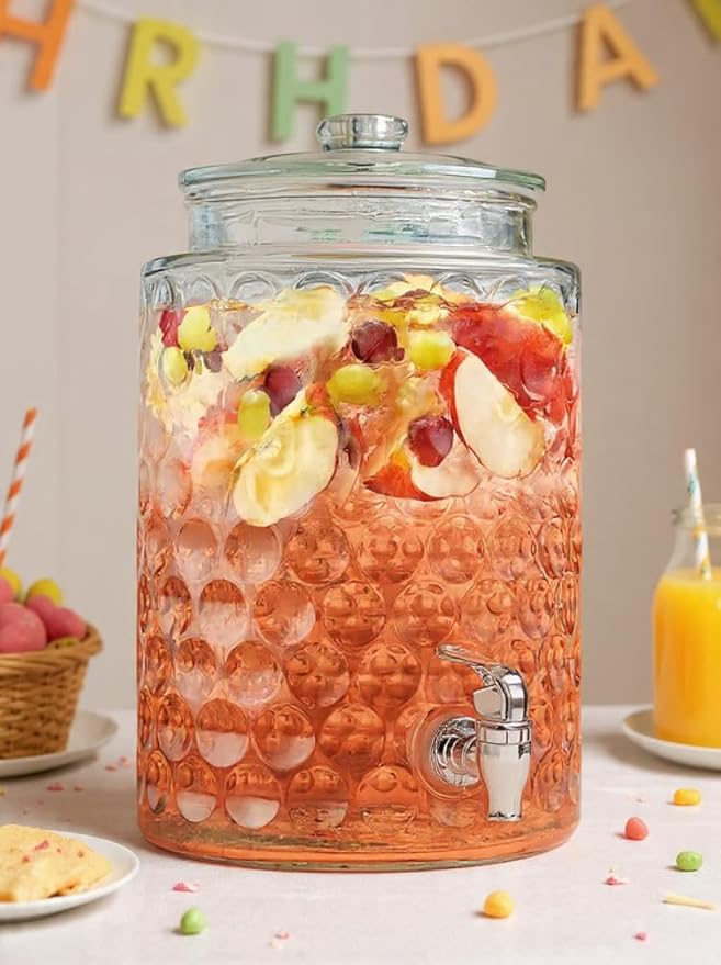 2 Gallon Beverage Serveware with Glass Lid - Elegant Bubble Pattern Design 100% Leakproof Glass Drink Dispenser for Parties with Spout,Beverage Dispenser for Water Juice Laundry