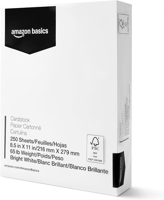Amazon Basics Cardstock Paper, 8.5" x 11", 65 lb/176 gsm, 96 Bright, White, 250 Sheets