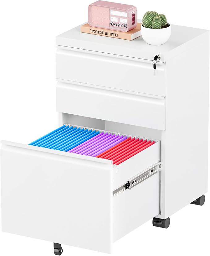 Greenvelly 3 Drawer Mobile File Cabinet with Lock, Fully Assembled Rolling File Cabinet Except Casters, Under Desk File Cabinet with Wheels for Home Office Fit Legal/Letter/A4 File (Assembled, White)