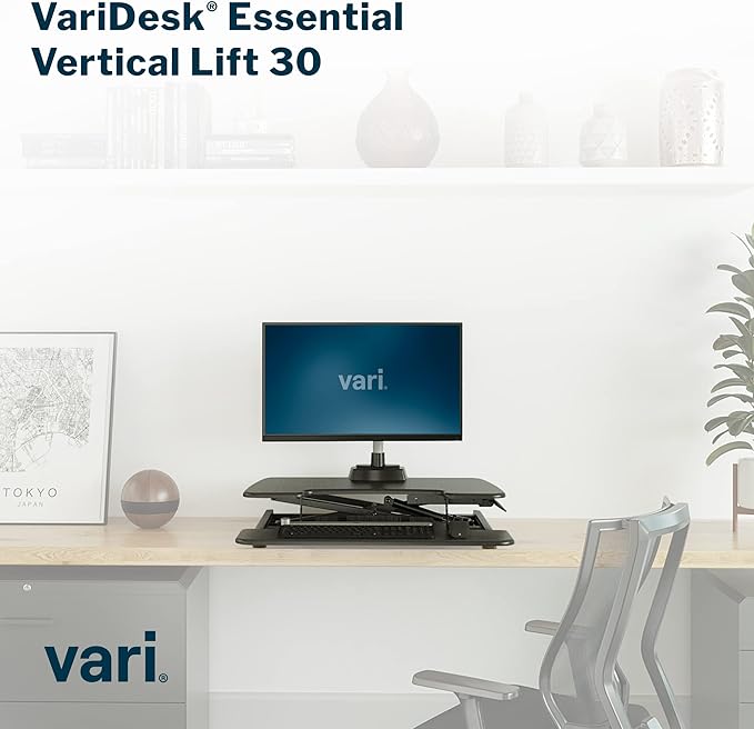 Vari VariDesk Essential Vertical Lift 30 Inch Standing Desk Converter - Compact Home Office Workstation for Laptop or Monitor + Keyboard Tray - Delivers Fully Assembled (Black)
