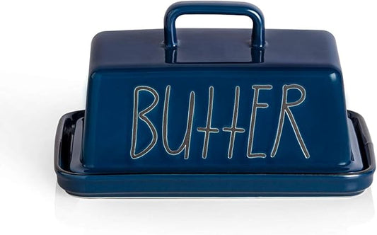 Sweejar Ceramic Butter Dish with Handle Lid, 7.3 Inch Porcelain Large Butter Keeper with Cover, Perfect for East/West Butter (Navy)