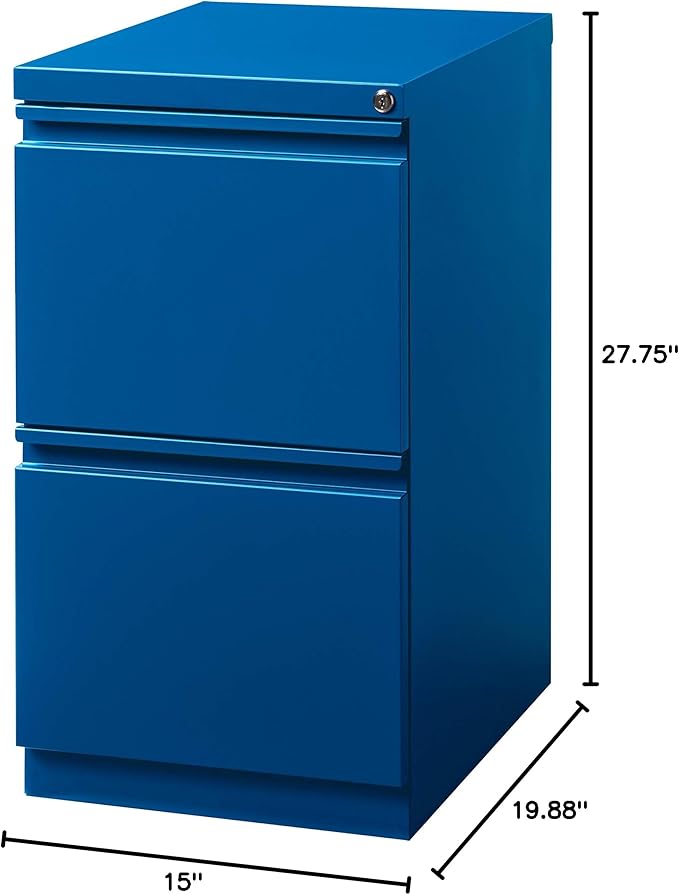 20 Inch Deep Metal Mobile Pedestal File 2 Drawer File-File with Full Width Pull, for Home and Office, Holds Letter Width Hanging Folders, Classic Blue