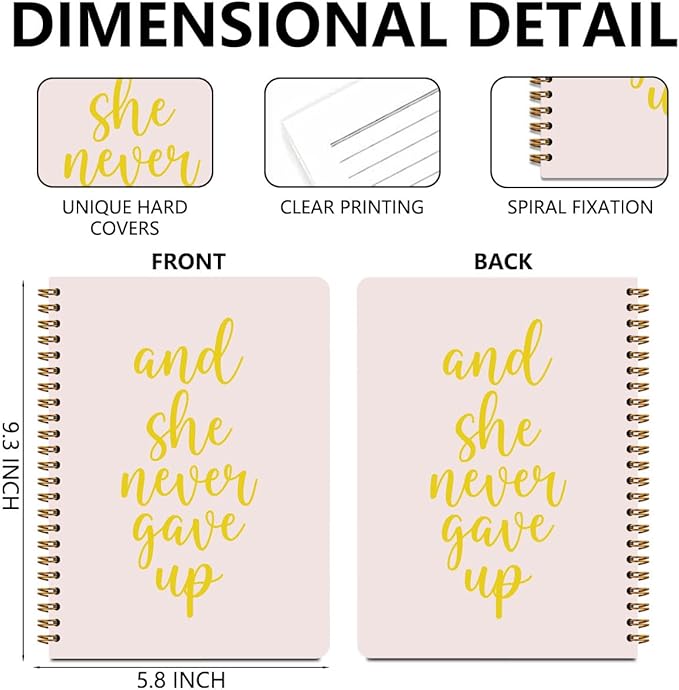 2Pcs Spiral Notebook, Light Pink She Never Gave UP idea Spiral Notebook, 160 Pages Hardcover Notebooks Journals for Writing Travel Business Office, Christian Aesthetic Notebooks for Women
