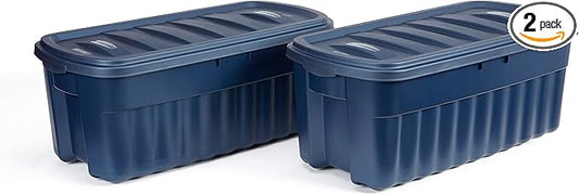 Rubbermaid Roughneck Tote 50 Gal, 2 Pack, Made in USA, Dark Indigo Metallic, Rugged Plastic Stackable Storage Bins with Lids and Handles