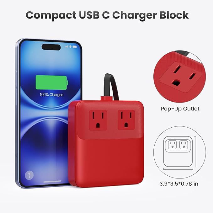 USB C Charger Block,135W GaN IV Fast Charging Station Hub,6-in-1 USB C Power Strip with Flat Plug and 5ft Cord,2 AC,2 USB A,2 USB C,PD 65W Laptop Charger for MacBook Air/Pro,iPhone16/15,Samsung-Red