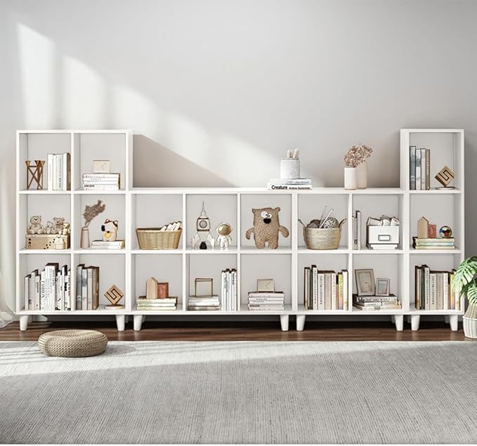 IOTXY Open Cube Low Bookcase - 3-Tier Freestanding Storage Display Cabinet Organizer with Legs for Home Office, 3-Cubes Open Shelf Short Bookshelf, White