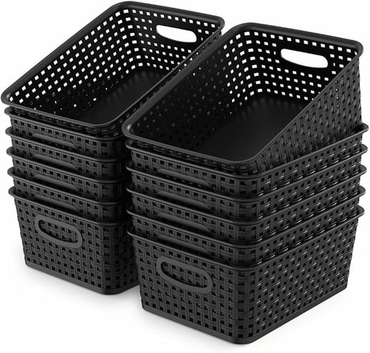 WYT 12-Pack Plastic Small Shelf Storage Weave Baskets for Organizing, Black