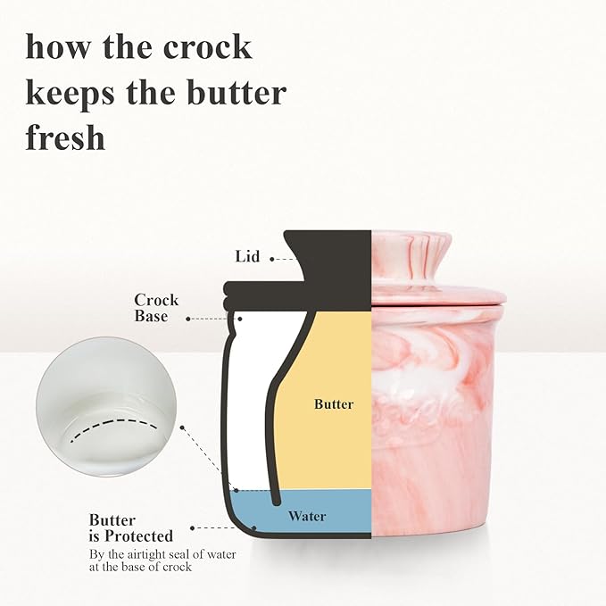 Ceramic Butter Crock with Lid & Spreader Knife, Butter Keeper - Ideal Butter Storage & Countertop Butter Dish (Marble Pink with Marble Pink Knife, M)