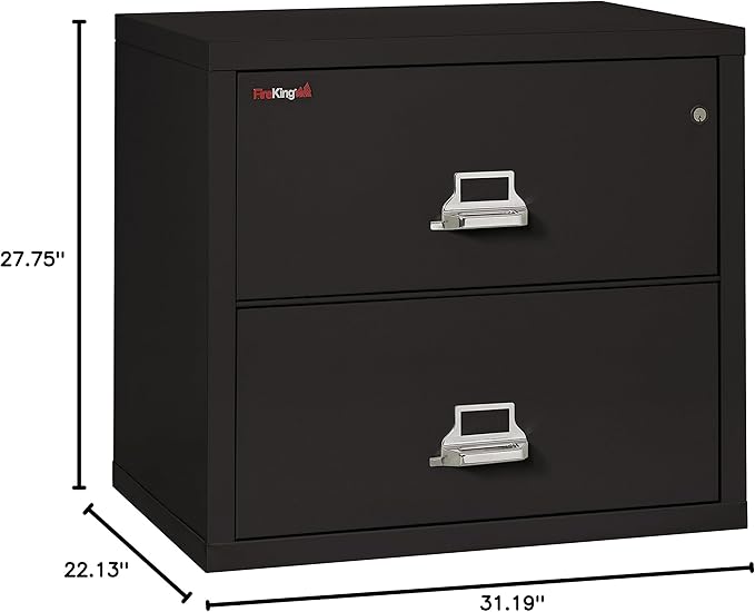 FireKing Fireproof Lateral File Cabinet (2 Drawers, Impact Resistant, Water Resistant), 27.75" H x 31.19" W x 22.13" D, Black