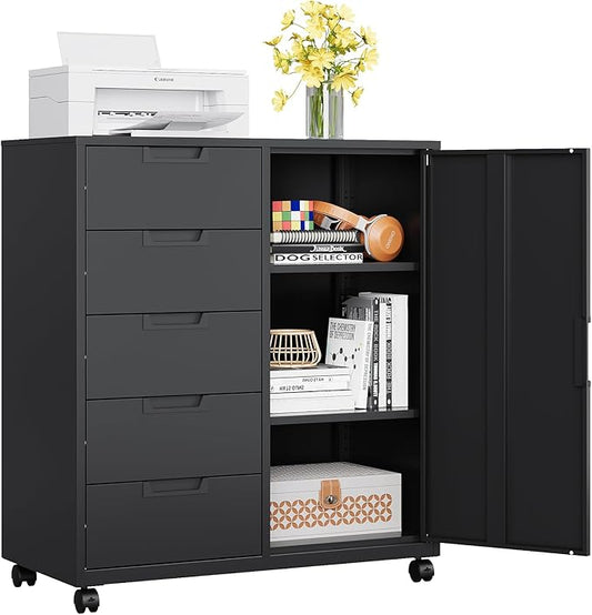 MIIIKO 5 Drawer Storage Cabinet with Door and Shelf, Mobile Lateral Cabinet on Wheels, Office Small Organizer Printer Stand, Black File Cabinets