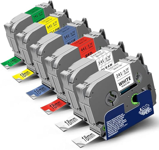 6-Pack Tz 18mm 0.7" Laminated Tape Compatible for Brother Tze-141 Tze-241 Tze-441 Tze-541 Tze-641 Tze-741 P Touch Tze 3/4 Inch Tape for PTD410 PTD400 PTD610BT PTD600 PTP750W PTP710BT