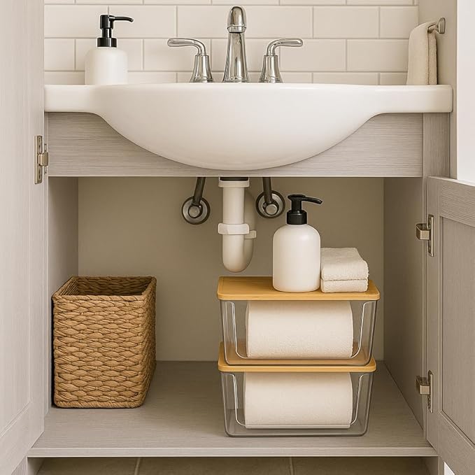 2 Set Pantry Organizers and Storage - Clear Stackable Bins with Bamboo Lid for Fruit, Onion, Potato, Vegetable - Trash Bag Holder Dispenser Under Sink Organizer for 4-13 Gal Bags