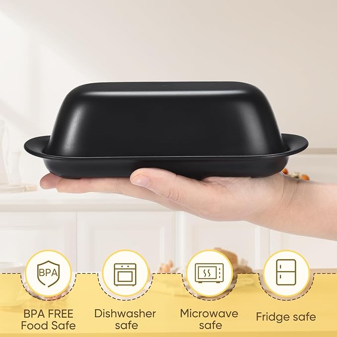 Butter Dish with Lid, Butter Keeper, Easy Scoop,Butter Container Holds for East/West Coast Butter, Dishwasher Safe (Black)