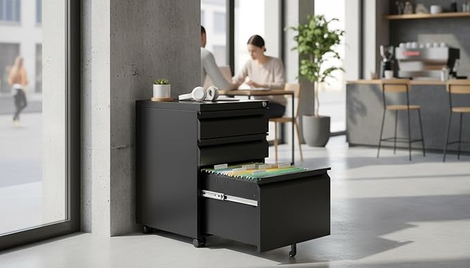 Black Metal 3-Drawer Mobile File Cabinet with Lock, Letter/Legal/A4 Filing Drawer, Rolling Office Storage with 5 Casters, Fits Under Desk, 15.35" W x 17.71" D x 23.62" H