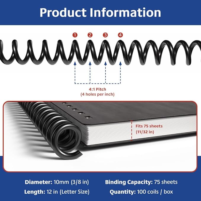 TruBind 10mm (3/8 in.) Spiral Binding Coils for Reports, Presentations and Proposals | 4:1 Pitch | 12 in. Length | Black | 75 Sheets Binding Capacity | 100 Pack
