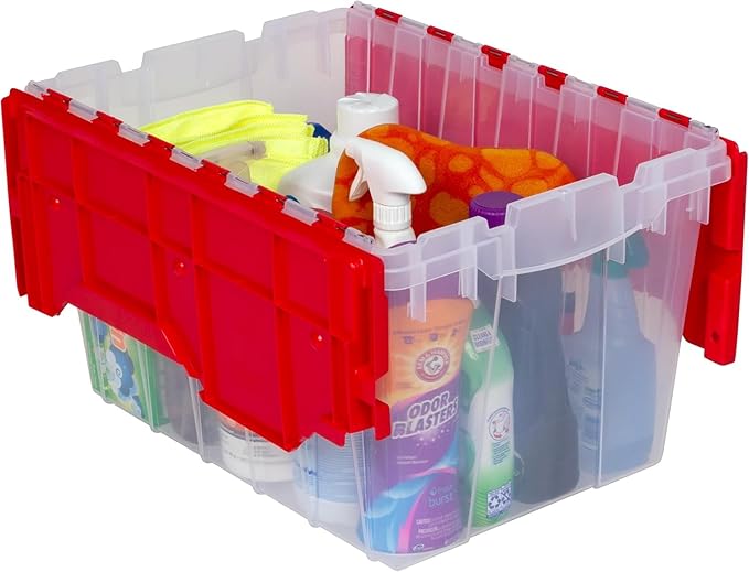 Akro-Mils KeepBox 12 Gallon Storage Container, Nesting and Stackable Plastic Storage Box with Lid Attached, Clear Tote for Garages, Closets, and Moving, 21-1/2" x 15" x 12-1/2", Clear/Red