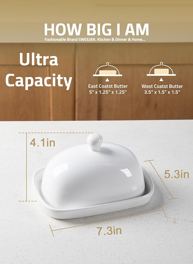 Sweejar Ceramic Butter Dish with Lid for Countertop,Porcelain Butter Keeper with Knob Handle,Butter Container for East/West Coast Butter, 7.3*4.1 inches (White)
