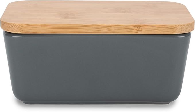 Nat & Jules Ceramic Stoneware 1/2 Pound, 2 Sticks Butter Dish with Airtight Bamboo Lid, Kitchen Accessory, Container Holder, Refrigerator Storage and Countertop Organization, Matte Grey