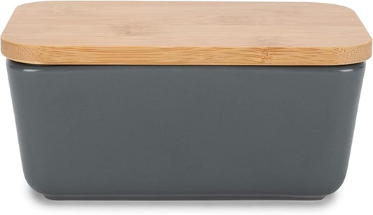 Nat & Jules Ceramic Stoneware 1/2 Pound, 2 Sticks Butter Dish with Airtight Bamboo Lid, Kitchen Accessory, Container Holder, Refrigerator Storage and Countertop Organization, Matte Grey