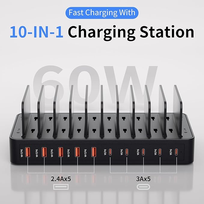 60W Charging Station for Multiple Devices, 10-Port USB Fast Charging Station with Adjustable Dividers - Device Organizer Charging Dock for iPhone, Android, iPad, Tablets & More