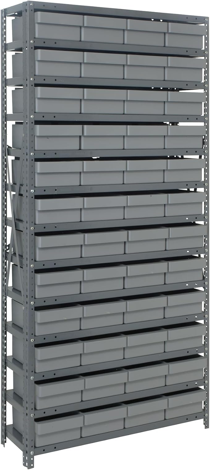 Quantum Storage Systems 1275-701GY Solid Heavy Duty 13 Shelves 48 Super Tuff Euro Gray Bins 75" H x 36" W x 12" D
