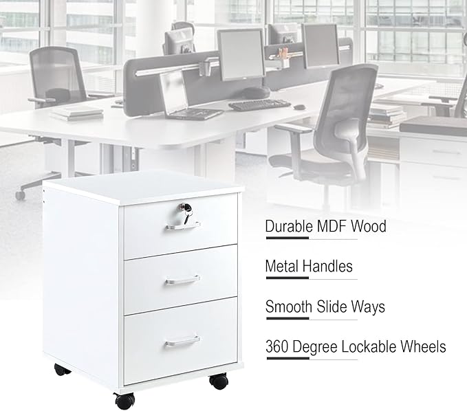 File Cabinet with Lock 3 Drawer Mobile Filing Cabinet with 360° Swivel Wheels, Under Desk Storage Cabinet Wooden File Organizer for Legal/Letter/A4 Documents, Home Office Storage (White)