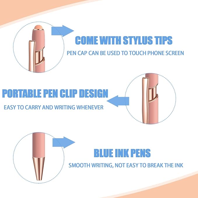 24 Pcs Blue Ink Ballpoint Pen with Stylus Tip 2 in 1 Ballpoint Pen 1.0 mm Blue Ink Metal Stylus Pen for Touch Screens Coworkers, Family, Colleagues, Office (Pink Rose Gold)