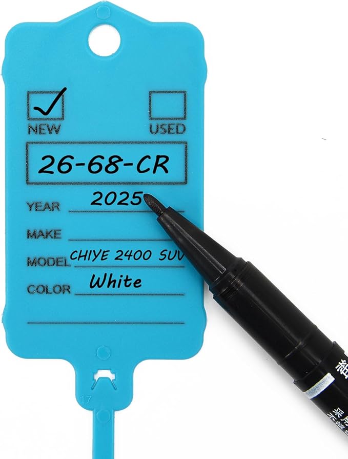 100 Car Key Tags with Labels Plastic Car Dealership Key Tags Self Locking Automotive Identifiers Blank Shop Labels with One Pen (Blue)