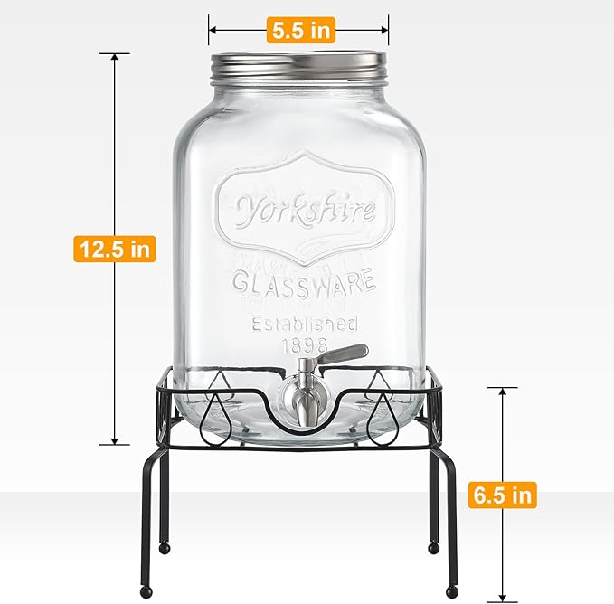 2 Gallon Glass Beverage Dispenser with Stand and Lid, 18/8 Stainless Steel Spigot - Glass Drink Dispensers for Parties - Mason Jar Drink Dispensers with Lids