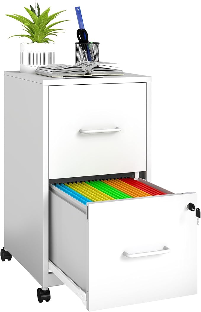 2 Drawer File Cabinet on Wheels, Mobile Filing Cabinets with Lock, Metal Storage Cabinet, Vertical Filing Cabinets for Home Office, Rolling File Cabinet for Under Desk, Amssebly Required,White