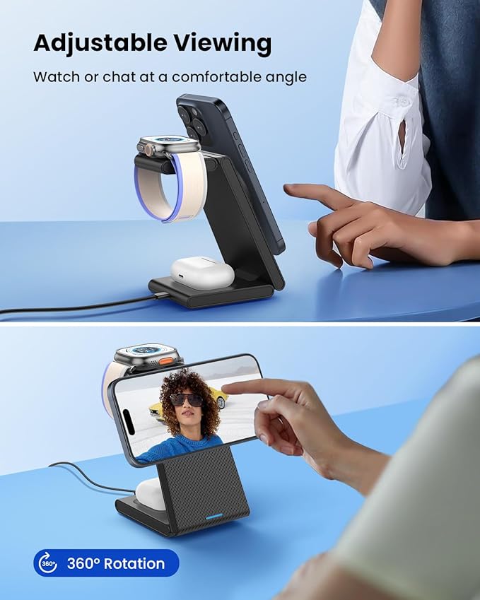 3 in 1 Wireless Charging Station, Foldable Magnetic Wireless Charger Stand for Multiple Devices, Wireless Charger for iPhone 16/15/14/13/12, Apple Watch 9/8/7/6/SE/5/4/3/2, AirPods 3/2/Pro