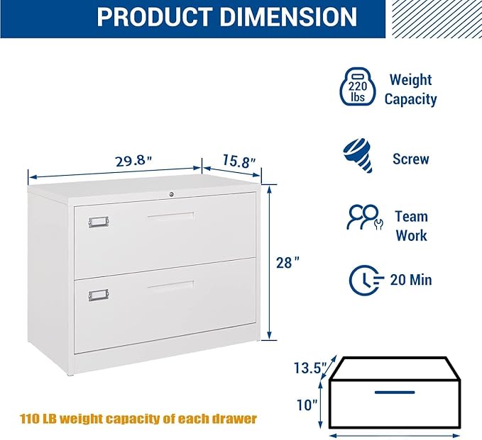 Lateral File Cabinet with Lock, 2 Drawer Large Metal Filing Cabinet,Home Office Lockable Storage Cabinet for Hanging Files Letter/Legal/F4/A4 Size-Assembly Required