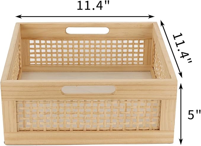 YRMT Wood Storage Crate Basket Rustic Wooden Storage Container for Organizing Decorative Bamboo Box with Handles for Pantry, Shelves Organizer 11.4" x 11.4" x 5" (Natural)