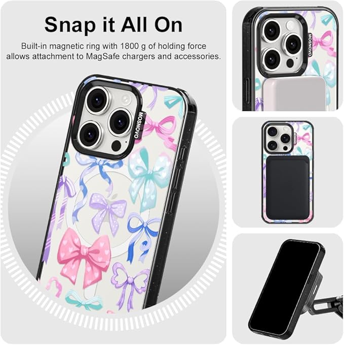 MOSNOVO Magnetic Case for iPhone 15 Pro, 10ft Military-Grade Protection, Compatible with Magsafe, Shockproof Phone Case for iPhone 15 Pro - Bows - Clear Black