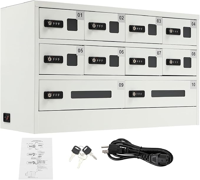 10 Slots Cell Phone Locker Charging Station & Locker Cellphone Charging Station Cabinet with Combination Lock, Tablet Computer and Mobile Phone Charging Station with 3 in 1 Charging Ports