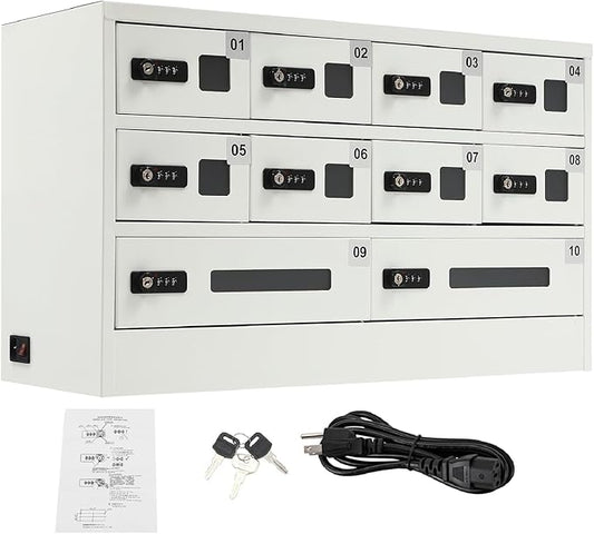 10 Slots Cell Phone Locker Charging Station & Locker Cellphone Charging Station Cabinet with Combination Lock, Tablet Computer and Mobile Phone Charging Station with 3 in 1 Charging Ports
