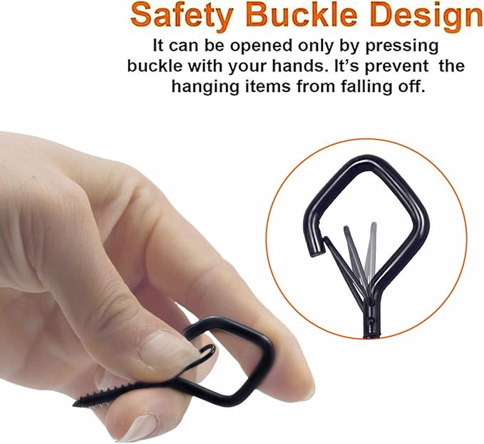 10PCS Eye Screw Hooks for Hanging Heavy Duty with Safety Buckle.Metal Ceiling Hooks for Hanging Plants,Cup,Wind Chime,Bird Feeders,String Lights at Indoor&Outdoor,2.36 Inches Black