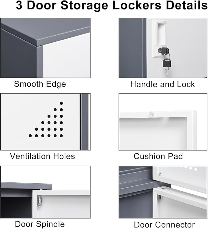 3 Door Metal Locker Steel Storage Cabinet, Office Storage Lockers for Employees, Vertical Metal Cabinets for Home,Office,School,Room Storage Organizer