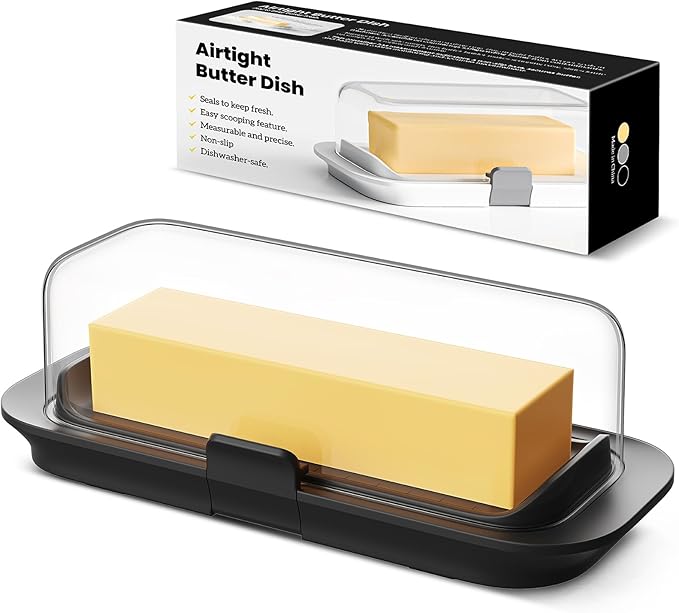 Butter Dish with Lid for Countertop and Refrigerator Door Shelf, Airtight Butter Keeper Container, Locking Butter Holder for East/West Coast Butter, BPA-free, Microwave/Dishwasher Safe