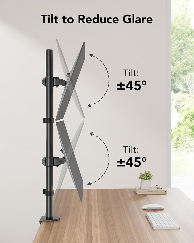 HUANUO Vertical Dual Monitor Mount, Stacked Monitor Stand for 2 Monitors with Height Adjustment Computer Monitor Arm Supports Two 17 to 32 Inch with C Clamp Each Desk Mount Hold up to 17.6lbs